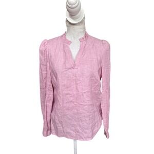 Boden Top Size US 6 Pink Grace Linen Ruffle Neck Blouse Shirt Long Sleeve